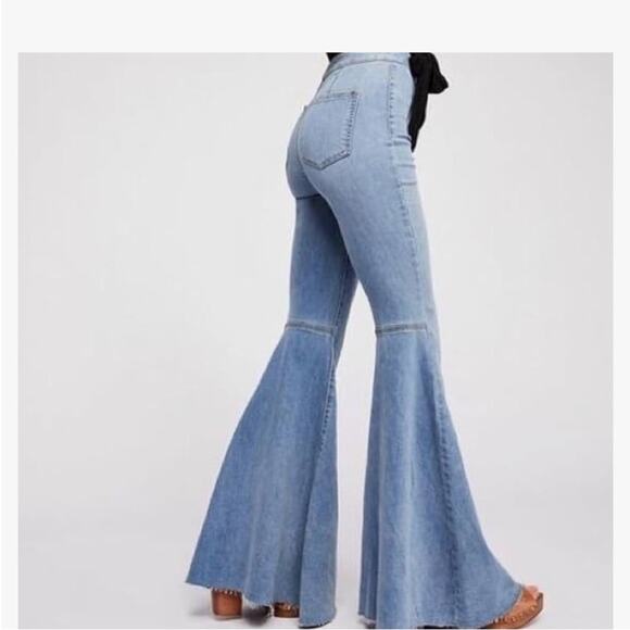 Free People Just Float On Flare Jeans Size 26 Blue Denim Festival Rodeo Western - Picture 2 of 11